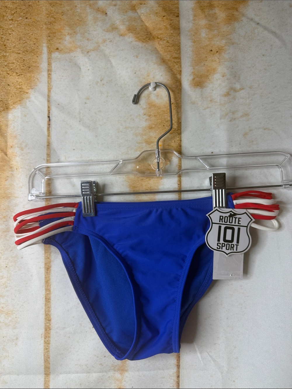 Blue bikini bottom with Red & White Straps